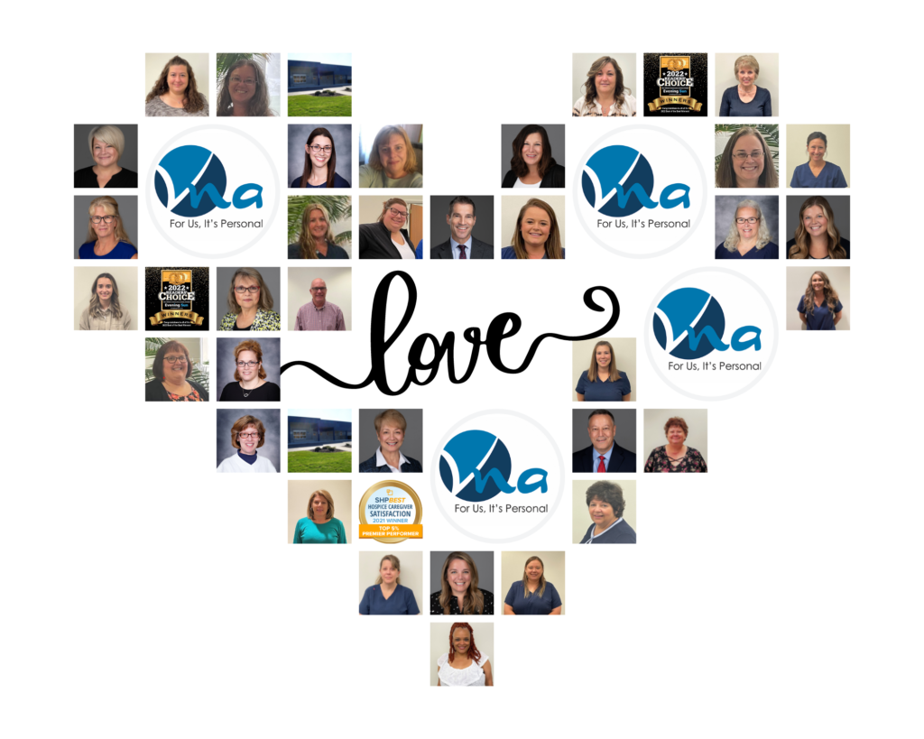 heart photo collage of staff members, awards, and VNA logo